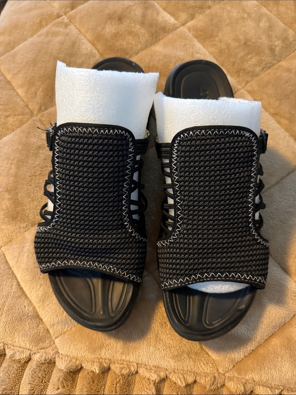 JBU Black Knit Slide Sandals with White Stitching